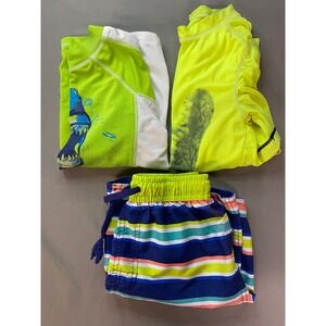 Old Navy Kinnly Boy Swim Size 5 Neon Green Rash Guard Striped Shorts 3 PC Bundle